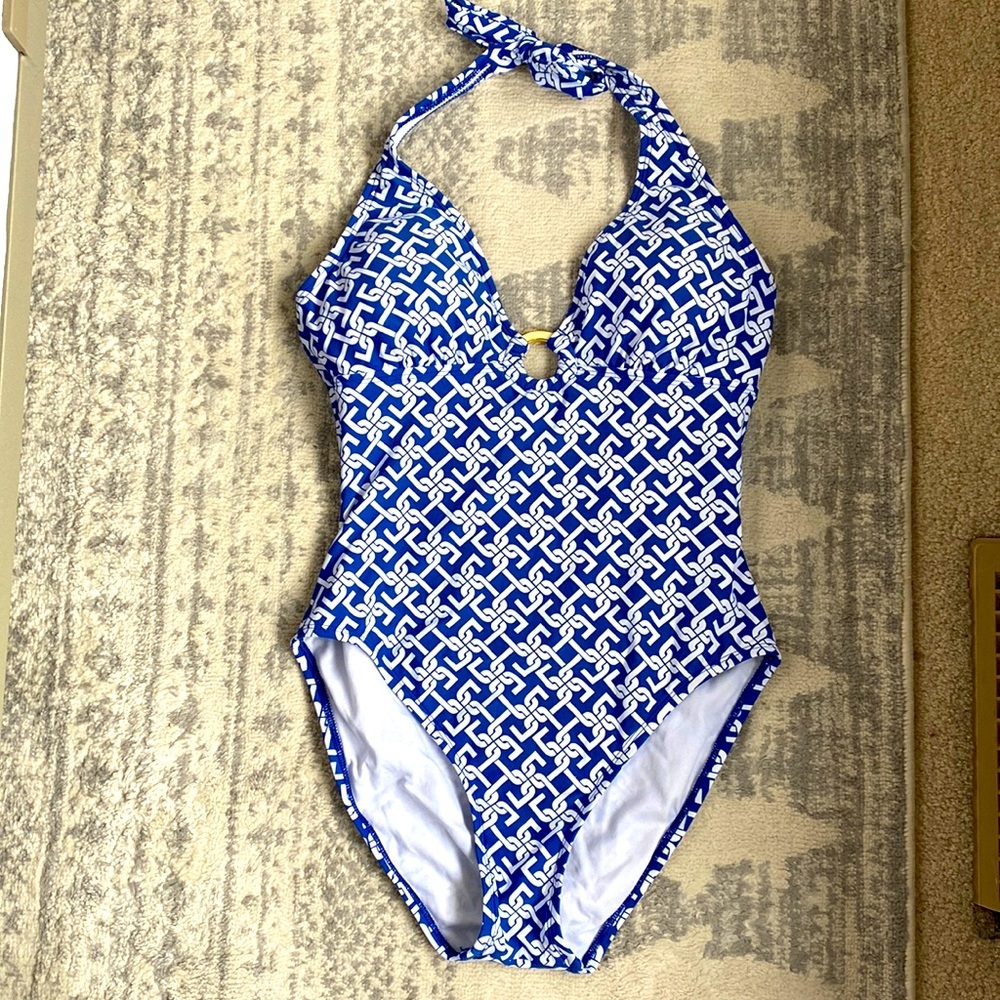 Blue and White Link Halter One Piece  Swimsuit